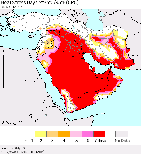 Middle East and Turkey Heat Stress Days >=35°C/95°F (CPC) Thematic Map For 9/6/2021 - 9/12/2021