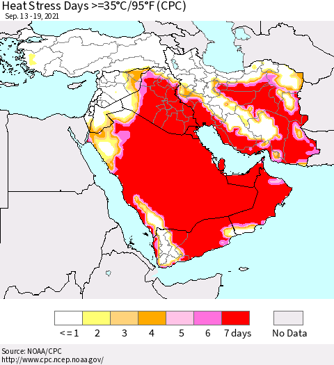 Middle East and Turkey Heat Stress Days >=35°C/95°F (CPC) Thematic Map For 9/13/2021 - 9/19/2021