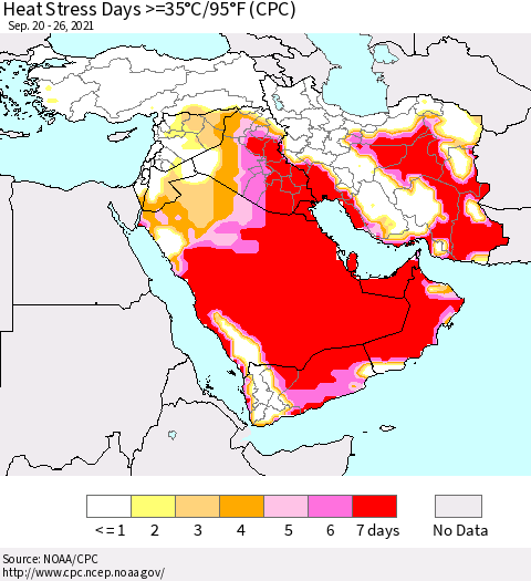 Middle East and Turkey Heat Stress Days >=35°C/95°F (CPC) Thematic Map For 9/20/2021 - 9/26/2021