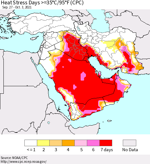 Middle East and Turkey Heat Stress Days >=35°C/95°F (CPC) Thematic Map For 9/27/2021 - 10/3/2021