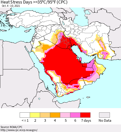 Middle East and Turkey Heat Stress Days >=35°C/95°F (CPC) Thematic Map For 10/4/2021 - 10/10/2021