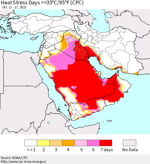 Middle East and Turkey Heat Stress Days >=35°C/95°F (CPC) Thematic Map For 10/11/2021 - 10/17/2021