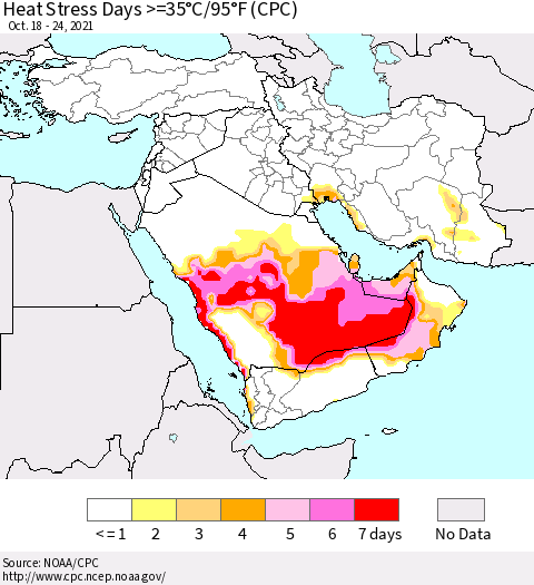 Middle East and Turkey Heat Stress Days >=35°C/95°F (CPC) Thematic Map For 10/18/2021 - 10/24/2021
