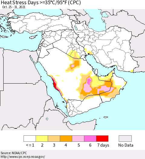 Middle East and Turkey Heat Stress Days >=35°C/95°F (CPC) Thematic Map For 10/25/2021 - 10/31/2021