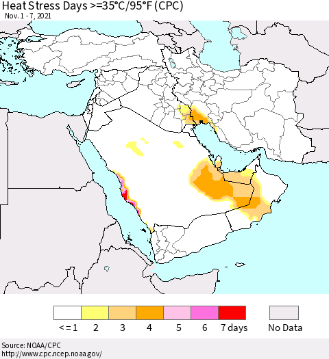 Middle East and Turkey Heat Stress Days >=35°C/95°F (CPC) Thematic Map For 11/1/2021 - 11/7/2021