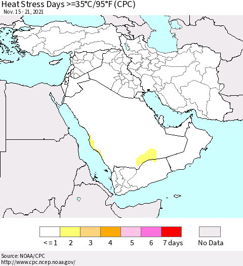 Middle East and Turkey Heat Stress Days >=35°C/95°F (CPC) Thematic Map For 11/15/2021 - 11/21/2021