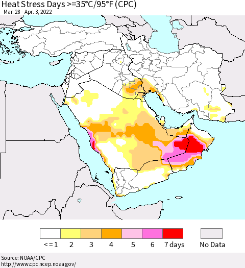 Middle East and Turkey Heat Stress Days >=35°C/95°F (CPC) Thematic Map For 3/28/2022 - 4/3/2022