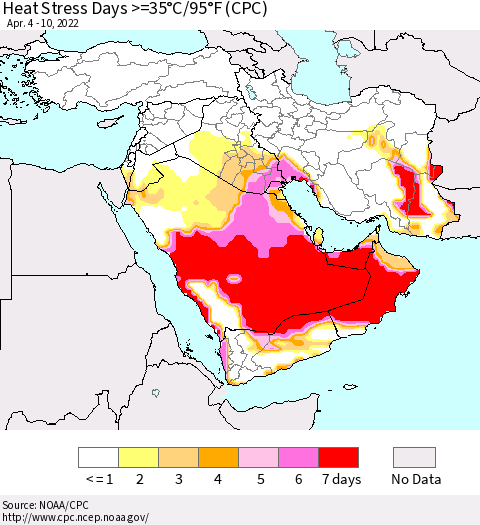Middle East and Turkey Heat Stress Days >=35°C/95°F (CPC) Thematic Map For 4/4/2022 - 4/10/2022