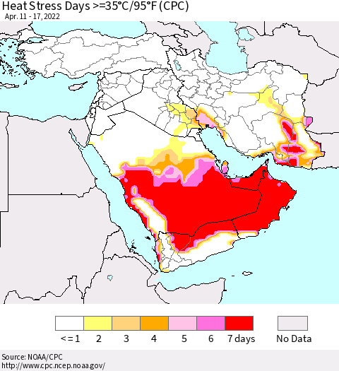 Middle East and Turkey Heat Stress Days >=35°C/95°F (CPC) Thematic Map For 4/11/2022 - 4/17/2022