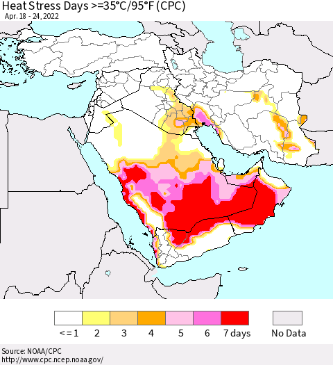 Middle East and Turkey Heat Stress Days >=35°C/95°F (CPC) Thematic Map For 4/18/2022 - 4/24/2022