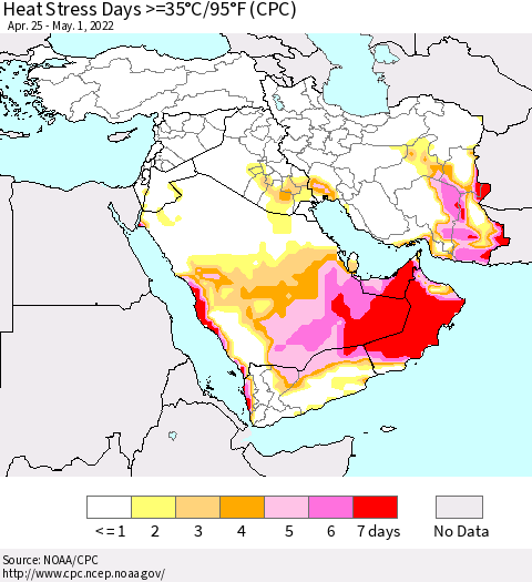 Middle East and Turkey Heat Stress Days >=35°C/95°F (CPC) Thematic Map For 4/25/2022 - 5/1/2022