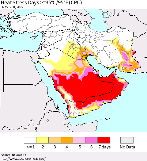 Middle East and Turkey Heat Stress Days >=35°C/95°F (CPC) Thematic Map For 5/2/2022 - 5/8/2022