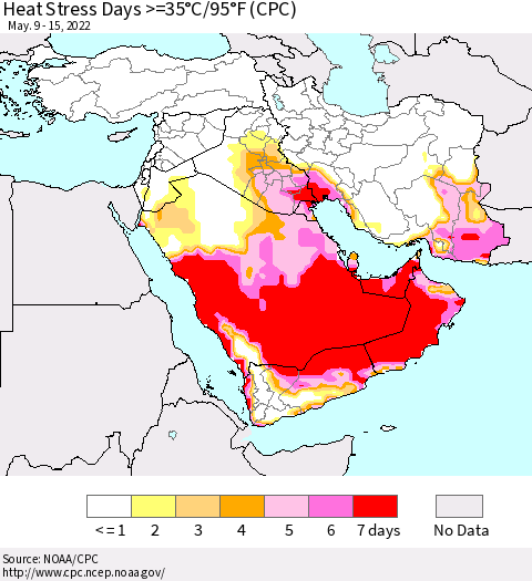 Middle East and Turkey Heat Stress Days >=35°C/95°F (CPC) Thematic Map For 5/9/2022 - 5/15/2022