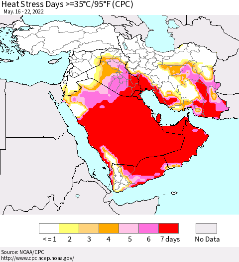 Middle East and Turkey Heat Stress Days >=35°C/95°F (CPC) Thematic Map For 5/16/2022 - 5/22/2022