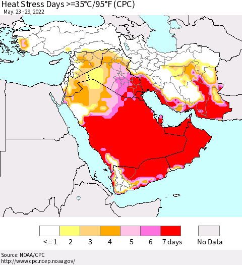 Middle East and Turkey Heat Stress Days >=35°C/95°F (CPC) Thematic Map For 5/23/2022 - 5/29/2022