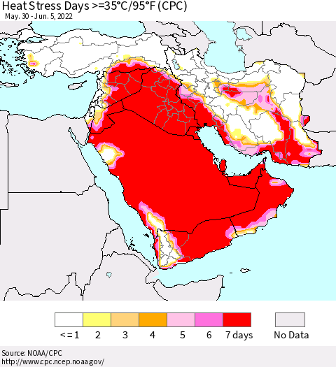 Middle East and Turkey Heat Stress Days >=35°C/95°F (CPC) Thematic Map For 5/30/2022 - 6/5/2022