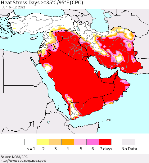 Middle East and Turkey Heat Stress Days >=35°C/95°F (CPC) Thematic Map For 6/6/2022 - 6/12/2022