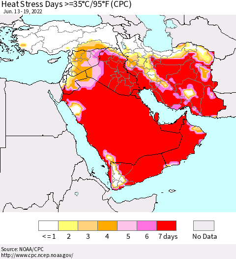 Middle East and Turkey Heat Stress Days >=35°C/95°F (CPC) Thematic Map For 6/13/2022 - 6/19/2022