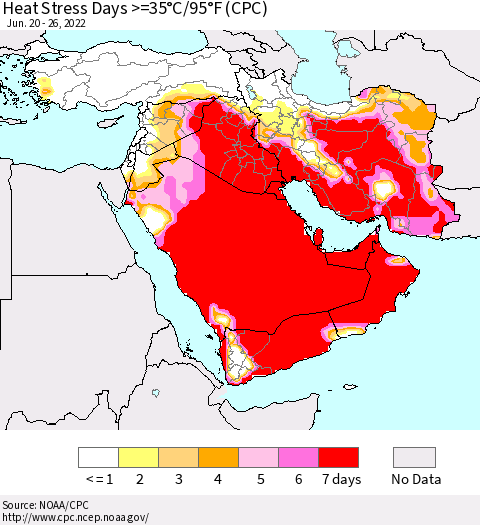 Middle East and Turkey Heat Stress Days >=35°C/95°F (CPC) Thematic Map For 6/20/2022 - 6/26/2022