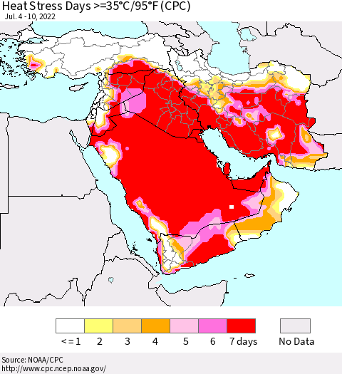 Middle East and Turkey Heat Stress Days >=35°C/95°F (CPC) Thematic Map For 7/4/2022 - 7/10/2022