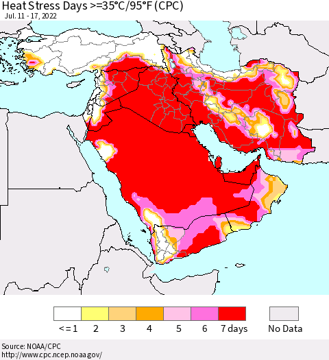 Middle East and Turkey Heat Stress Days >=35°C/95°F (CPC) Thematic Map For 7/11/2022 - 7/17/2022