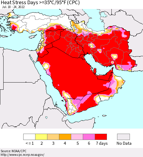 Middle East and Turkey Heat Stress Days >=35°C/95°F (CPC) Thematic Map For 7/18/2022 - 7/24/2022