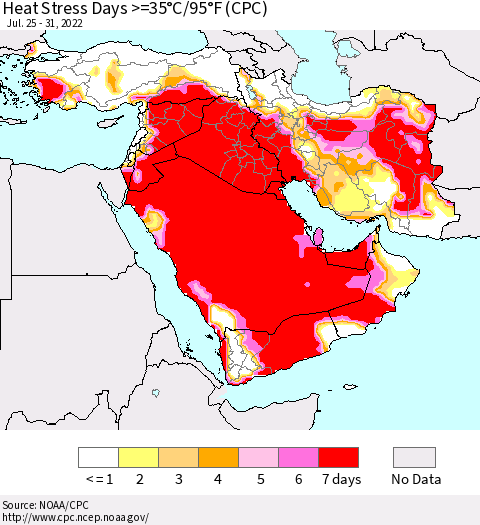 Middle East and Turkey Heat Stress Days >=35°C/95°F (CPC) Thematic Map For 7/25/2022 - 7/31/2022
