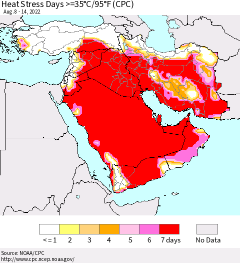 Middle East and Turkey Heat Stress Days >=35°C/95°F (CPC) Thematic Map For 8/8/2022 - 8/14/2022