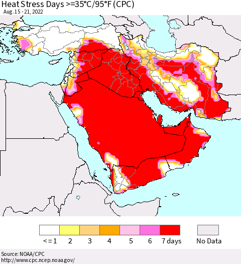 Middle East and Turkey Heat Stress Days >=35°C/95°F (CPC) Thematic Map For 8/15/2022 - 8/21/2022