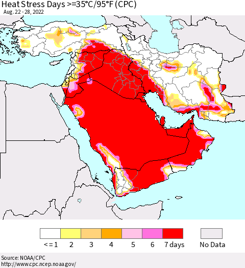 Middle East and Turkey Heat Stress Days >=35°C/95°F (CPC) Thematic Map For 8/22/2022 - 8/28/2022