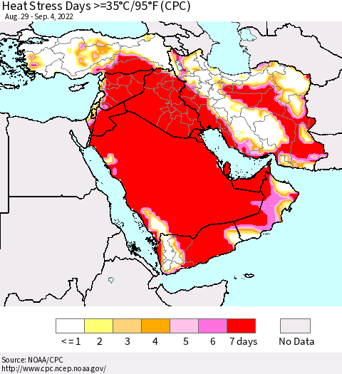 Middle East and Turkey Heat Stress Days >=35°C/95°F (CPC) Thematic Map For 8/29/2022 - 9/4/2022