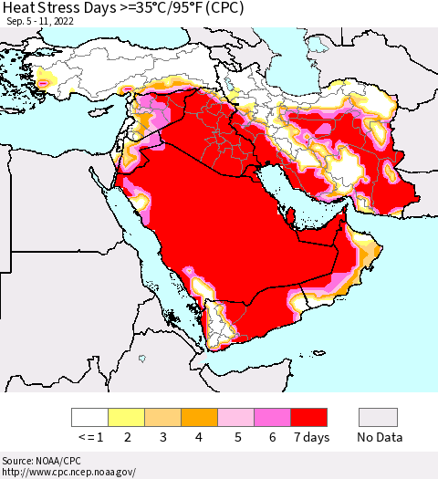 Middle East and Turkey Heat Stress Days >=35°C/95°F (CPC) Thematic Map For 9/5/2022 - 9/11/2022