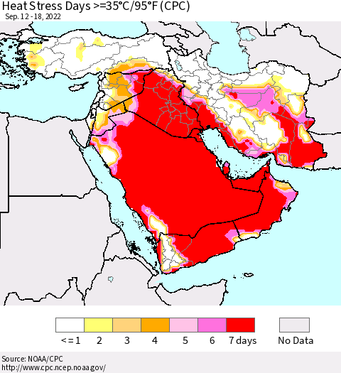 Middle East and Turkey Heat Stress Days >=35°C/95°F (CPC) Thematic Map For 9/12/2022 - 9/18/2022