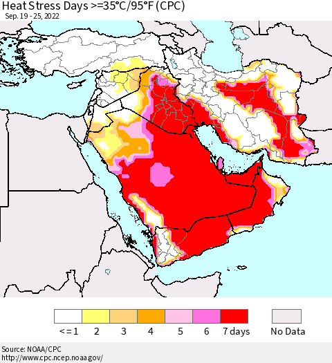 Middle East and Turkey Heat Stress Days >=35°C/95°F (CPC) Thematic Map For 9/19/2022 - 9/25/2022