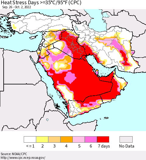 Middle East and Turkey Heat Stress Days >=35°C/95°F (CPC) Thematic Map For 9/26/2022 - 10/2/2022