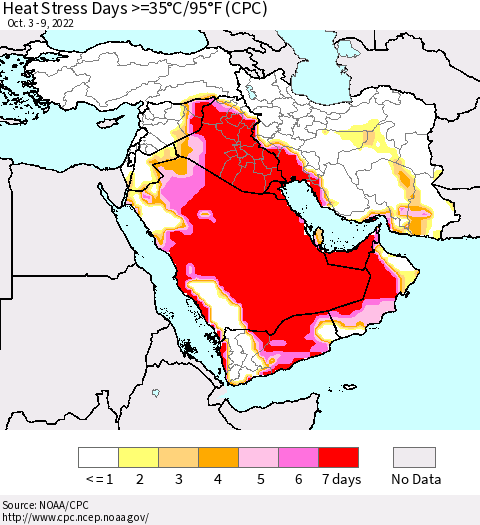 Middle East and Turkey Heat Stress Days >=35°C/95°F (CPC) Thematic Map For 10/3/2022 - 10/9/2022