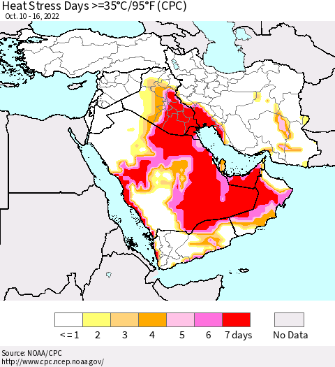 Middle East and Turkey Heat Stress Days >=35°C/95°F (CPC) Thematic Map For 10/10/2022 - 10/16/2022
