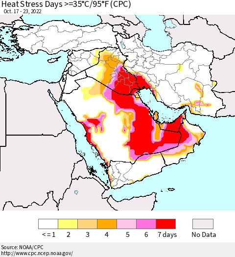 Middle East and Turkey Heat Stress Days >=35°C/95°F (CPC) Thematic Map For 10/17/2022 - 10/23/2022