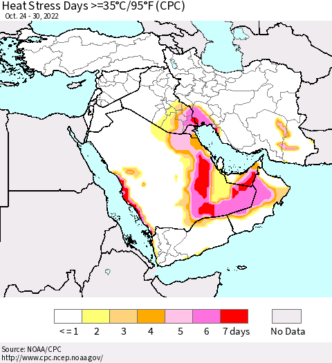 Middle East and Turkey Heat Stress Days >=35°C/95°F (CPC) Thematic Map For 10/24/2022 - 10/30/2022