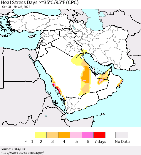 Middle East and Turkey Heat Stress Days >=35°C/95°F (CPC) Thematic Map For 10/31/2022 - 11/6/2022