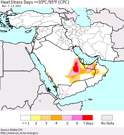Middle East and Turkey Heat Stress Days >=35°C/95°F (CPC) Thematic Map For 11/7/2022 - 11/13/2022