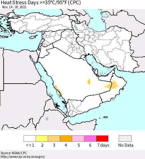Middle East and Turkey Heat Stress Days >=35°C/95°F (CPC) Thematic Map For 11/14/2022 - 11/20/2022