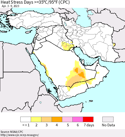 Middle East and Turkey Heat Stress Days >=35°C/95°F (CPC) Thematic Map For 4/3/2023 - 4/9/2023