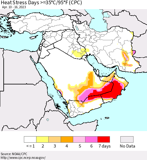 Middle East and Turkey Heat Stress Days >=35°C/95°F (CPC) Thematic Map For 4/10/2023 - 4/16/2023