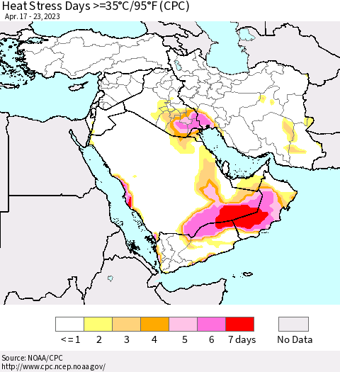 Middle East and Turkey Heat Stress Days >=35°C/95°F (CPC) Thematic Map For 4/17/2023 - 4/23/2023