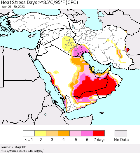 Middle East and Turkey Heat Stress Days >=35°C/95°F (CPC) Thematic Map For 4/24/2023 - 4/30/2023
