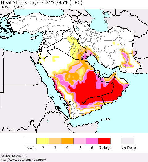 Middle East and Turkey Heat Stress Days >=35°C/95°F (CPC) Thematic Map For 5/1/2023 - 5/7/2023