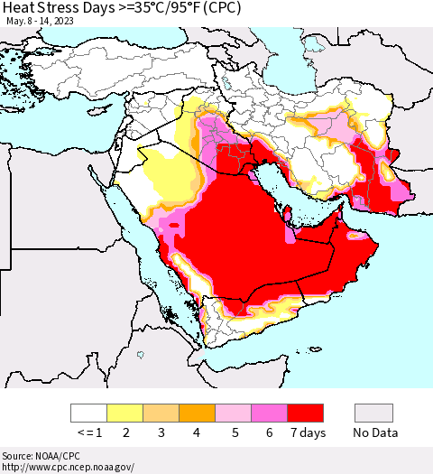 Middle East and Turkey Heat Stress Days >=35°C/95°F (CPC) Thematic Map For 5/8/2023 - 5/14/2023