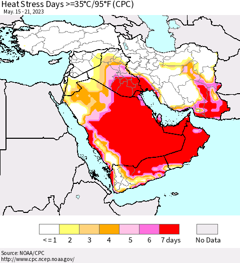 Middle East and Turkey Heat Stress Days >=35°C/95°F (CPC) Thematic Map For 5/15/2023 - 5/21/2023