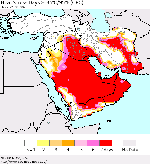 Middle East and Turkey Heat Stress Days >=35°C/95°F (CPC) Thematic Map For 5/22/2023 - 5/28/2023